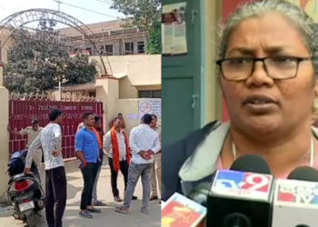 Hindu activists and the school representative outside the school (Image: Publictv)